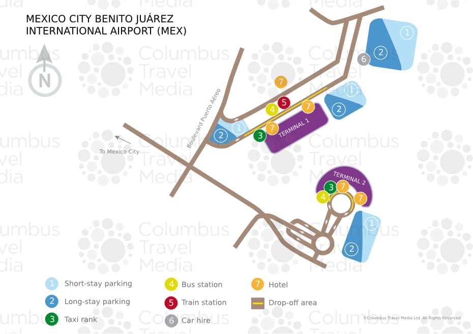 Mapa do Aeroporto Internacional Benito Juárez da Cidade do México e dos terminais (MEX)