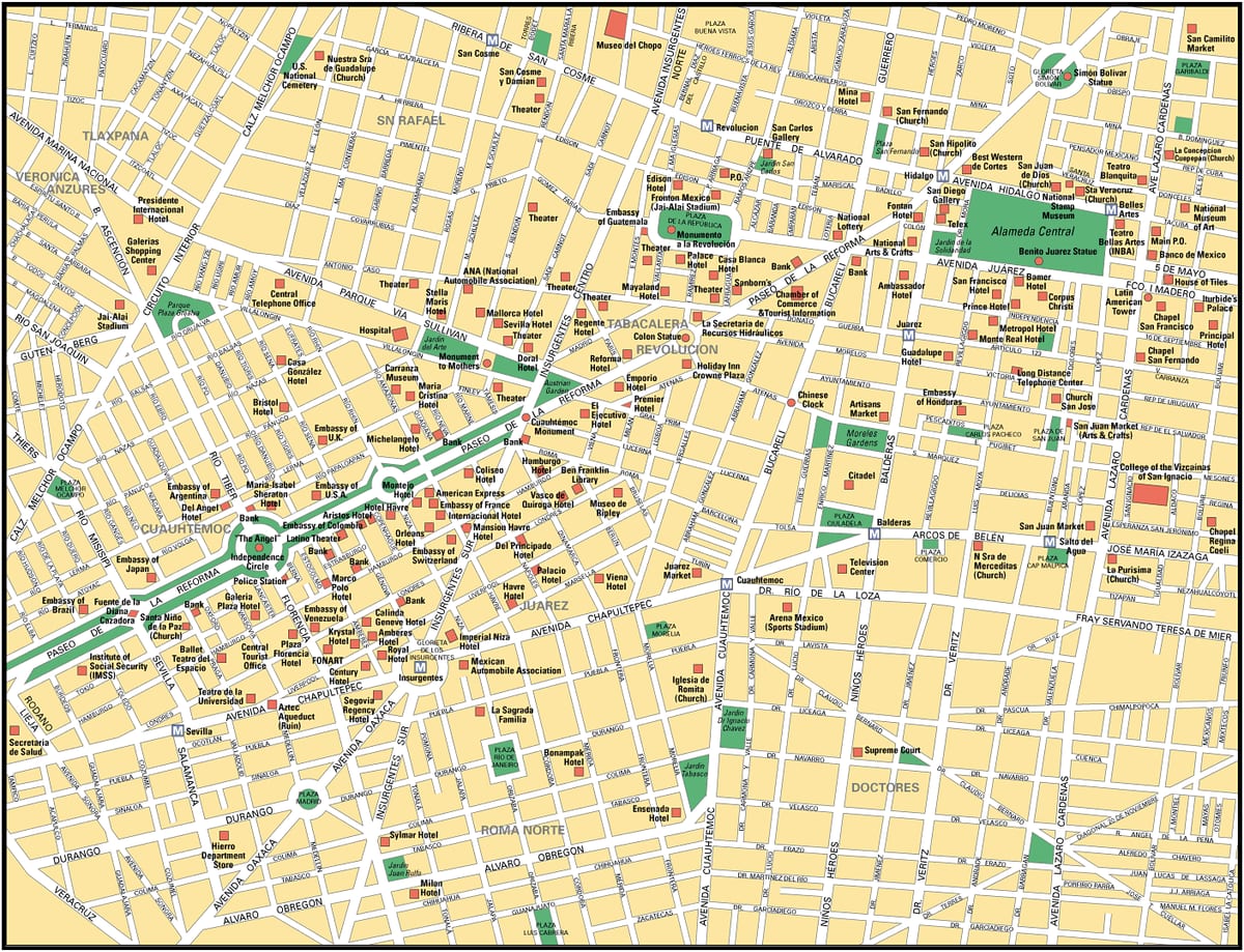 Mapa turístico da Cidade do México com atrações, pontos turísticos, museus e monumentos