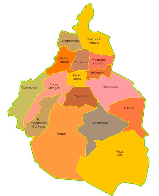 Mapa das alcaldías e distritos da Cidade do México