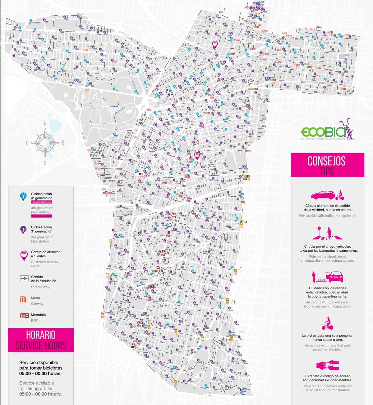 Mapa das estações Ecobici da Cidade do México, estações e aluguel de bicicletas