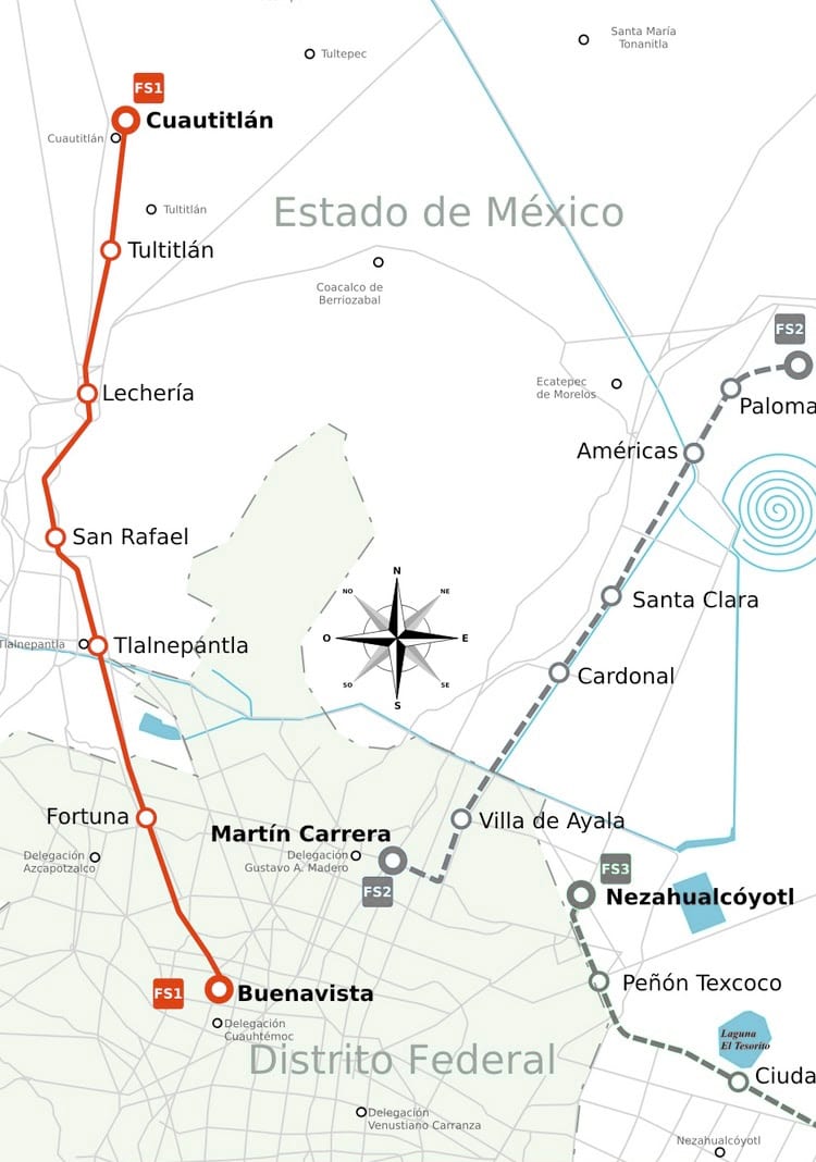 Mapa da rede de trem urbano, metropolitano e suburbano da Cidade do México