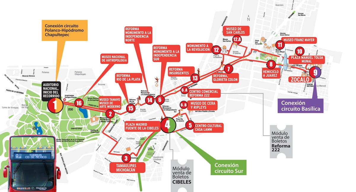 Mapa do passeio de ônibus hop-on hop-off da Cidade do México com o Turibus